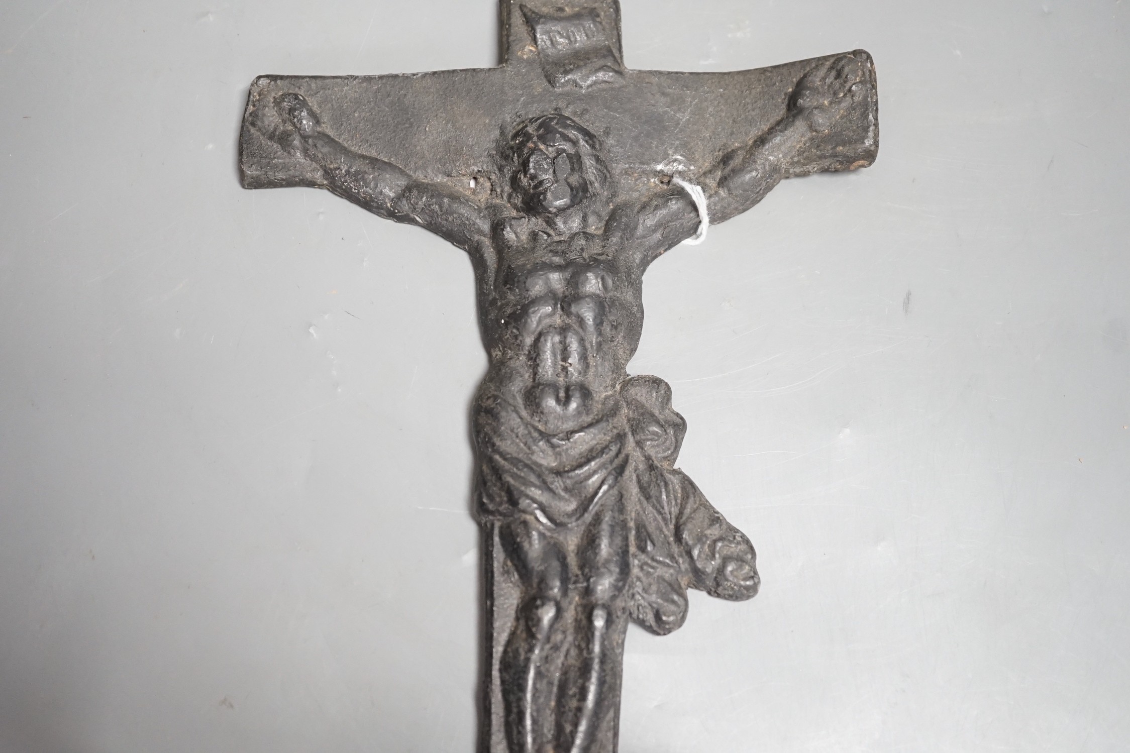 A lead coffin crucifix, 32cms high